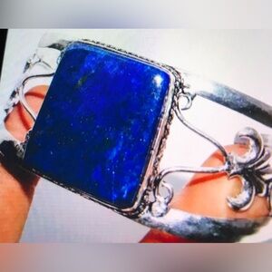 Lapis Lazuli Stamped 925 Sterling Silver Cuff Bracelet